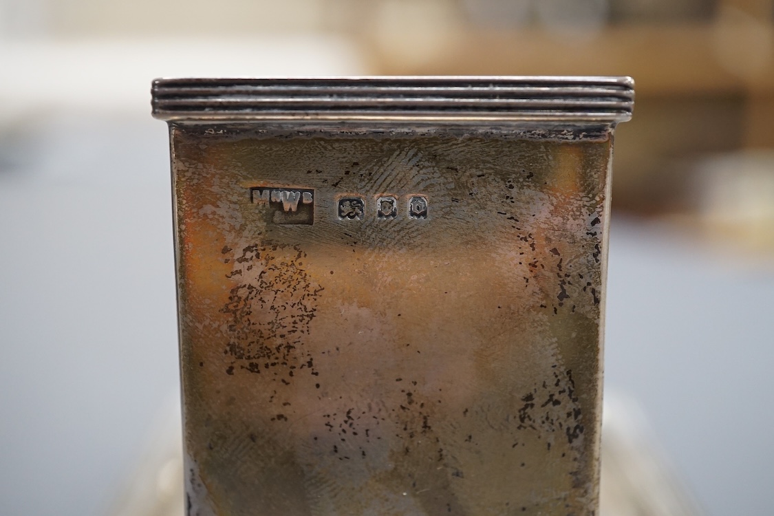 A George V silver Mappin and Webb match box holder ashtray, 12.6cm, a just a thimbleful sterling spirit tit, novelty 925 salt, modelled as a sack.